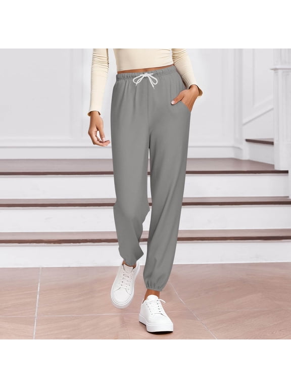 Women's Pajamas Elastic Waist Drawstring Solid Straight Leg Cuffed Pants with Pockets for Spring Gray M