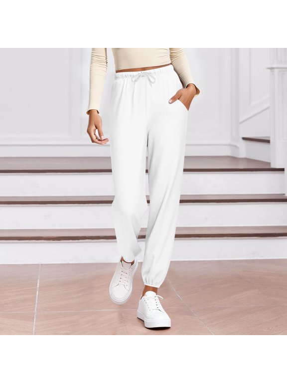 Women's Pajamas Elastic Waist Drawstring Solid Straight Leg Cuffed Pants with Pockets for Spring White M