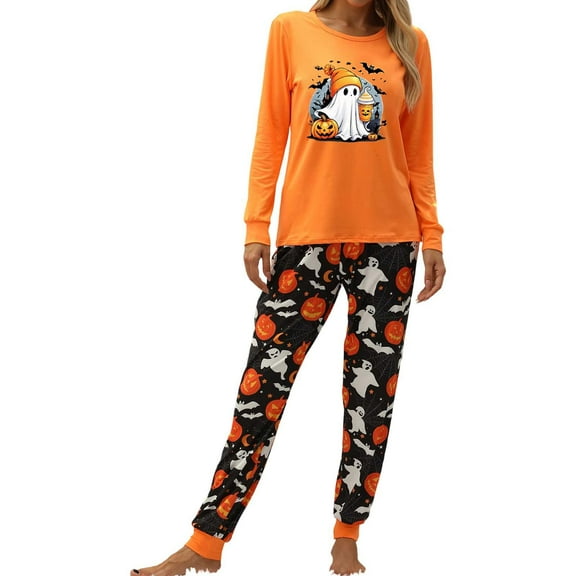 Women's Pajamas Fall Pajama Sets with Pumpkin Bat Ghost Print Long Sleeve Top and Loose Fit Pants Cozy Casual Sleepwear Women Sleepwear Orange M