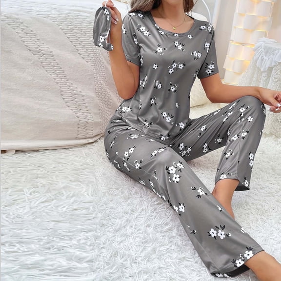 Women’s Pajamas Fashion Women Round Neck Printing Long Sleeved Top Elastic Waist Bandage Long Pants Eye Patch Pajama Set Pajamas Women Fall Pajamas Women