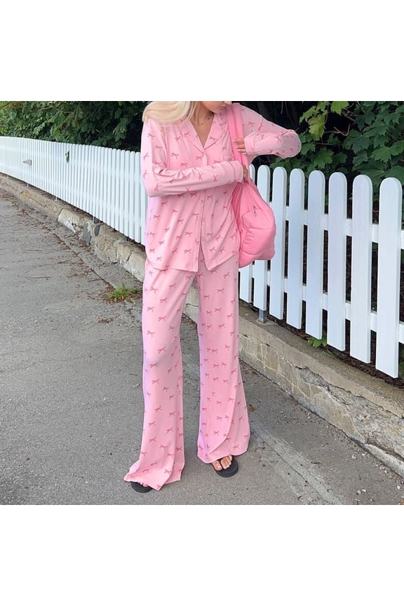 Women's Pajamas Long Pants Sleepwear Sets, Soft Night Wear Turndown Collar Loungewear Cute Pajama Wear