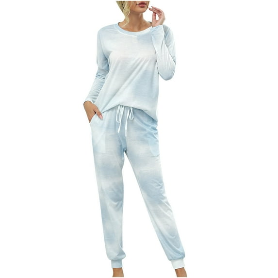 Women's Pajamas Lounge Set Casual Soft Tie Dye Crewneck Long Sleeve Top and Pants 2 Piece Outfits Pjs Sleepwear Ladies Clothes