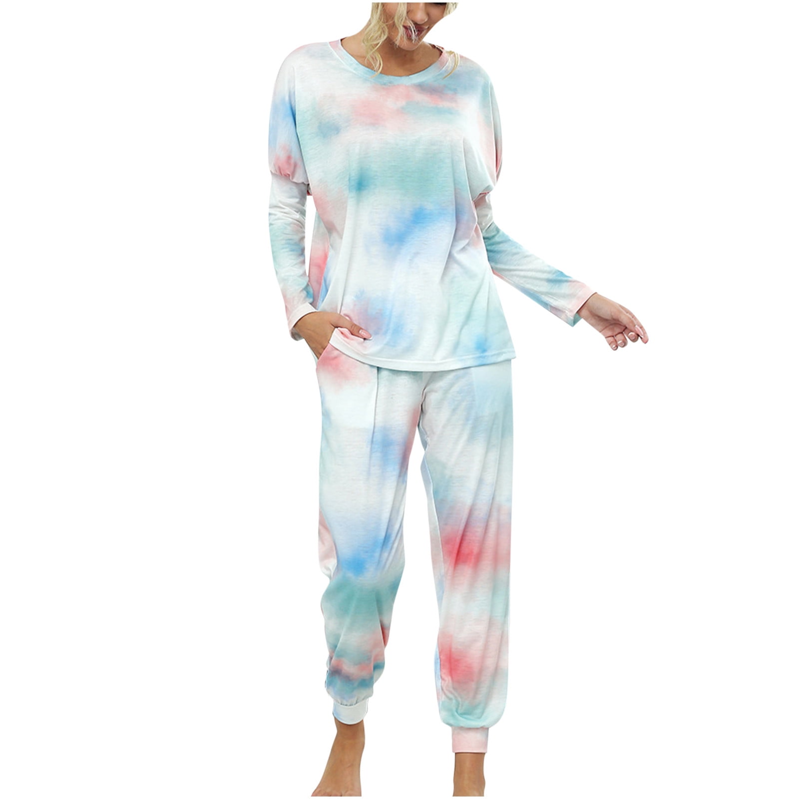 Women's Pajamas Lounge Set Casual Soft Tie Dye Crewneck Long Sleeve Top and  Pants 2 Piece Outfits Pjs Sleepwear Ladies Clothes 