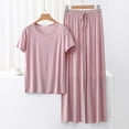 thumbnail image 1 of Women's Pajamas Matching Pajama Set for Women Comfy Womens Pajamas Pajama Pants Set Soft Womens Pajama Sets Round Neck Solid Color T-Shirt Lace Up Wide Leg Pants Home Wear Two-Piece Pajama Sets, 1 of 3