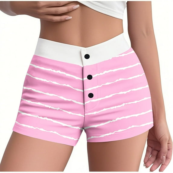 Women's Pajamas Plus Size Shorts Under $10 Free Shipping Summer Striped Elastic Waist Button High Waist Slim Pajamas Shorts