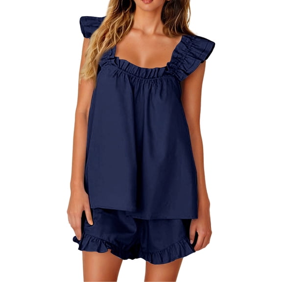 Women's Pajamas Set 2 Piece Sleeveless Sleepwear Ruffle Crop Top And Casual Shorts Loungewear Outfit Sleepwear Loungewear Tank tops and Elastic Shorts (Dark Blue, XL)