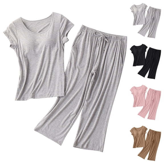 Women's Pajamas Set, Chroia Short Sleeve Cotton Sleepwear, Built-in Bra Padded Tops & Lace Up Capris Loose Home Wear