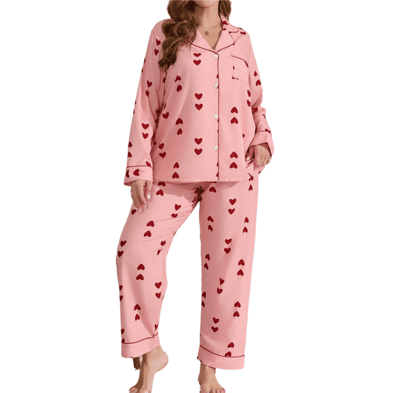 Women's Pajamas Set Comfy Cute Heart Printed Lounge Sets Two Piece Long Sleeve Pjs Soft Sleepwear