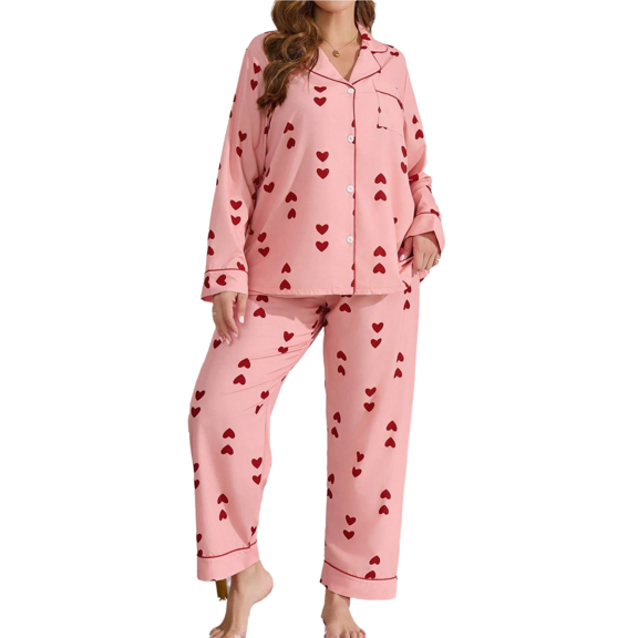 Women's Pajamas Set Comfy Cute Heart Printed Lounge Sets Two Piece Long Sleeve Pjs Soft Sleepwear