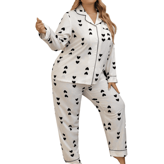 Women's Pajamas Set Comfy Cute Heart Printed Lounge Sets Two Piece Long Sleeve Pjs Soft Sleepwear