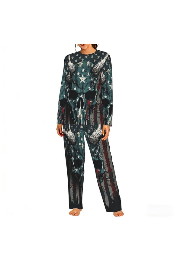 Women's Pajamas Set Comfy Lounge Two Piece Long Sleeve Pjs Soft Sleepwear, American Flag Camouflage Deer Skull Camo