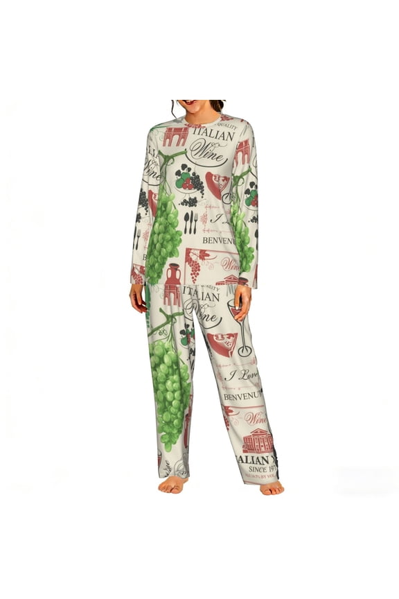 Women's Pajamas Set Comfy Lounge Two Piece Long Sleeve Pjs Soft Sleepwear, Italian Cuisine Italy VintageFood Wine Cafe Italy Bar European Europe