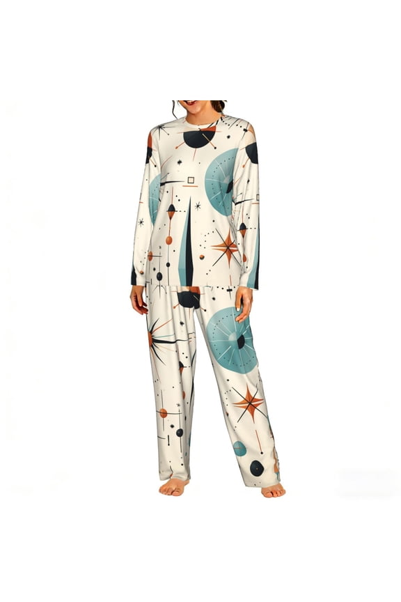 Women's Pajamas Set Comfy Lounge Two Piece Long Sleeve Pjs Soft Sleepwear, Star Retro Mid Century Vintage Atomic Art
