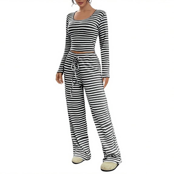 Women's Pajamas Set Crew Neck Long Sleeve Pullover Cropped Tops Drawstring Wide Leg Pants Stripes 2 Piece Set Home Wear (XL, Black)