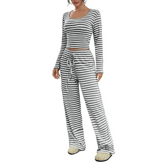 Women's Pajamas Set Crew Neck Long Sleeve Pullover Cropped Tops Drawstring Wide Leg Pants Stripes 2 Piece Set Home Wear (XL, Gray)