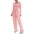 thumbnail image 1 of Women's Pajamas Set Crew Neck Long Sleeve Pullover Cropped Tops Drawstring Wide Leg Pants Stripes 2 Piece Set Home Wear (XL, Pink), 1 of 6