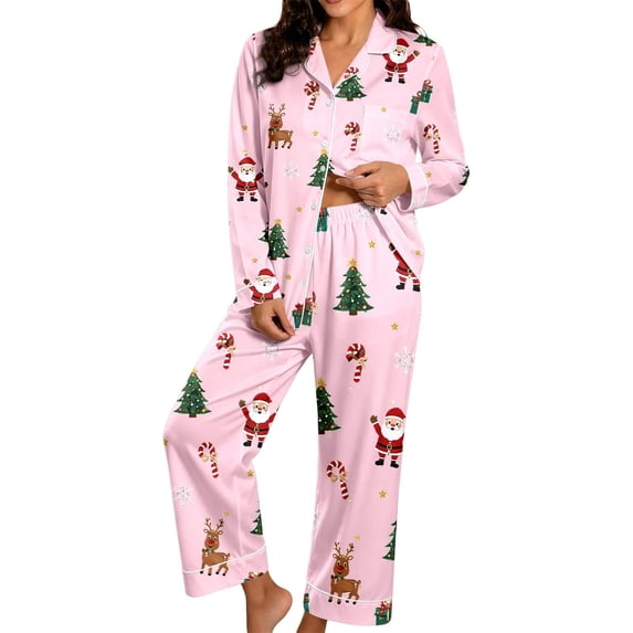 Women's Pajamas Set JIANLAI Women's Christmas Printed Notch Collar Pajama Set Button Down Long Sleeve Top and Long Pants Loungewear Outfit Soft Casual Sleepwear
