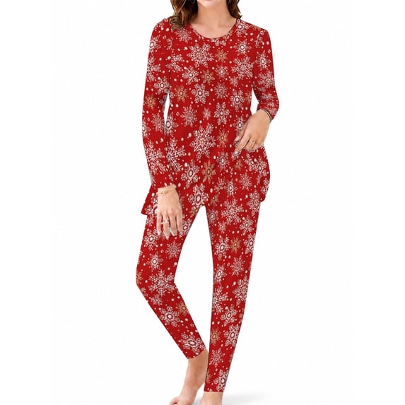 Women's Pajamas Set Milk Silk Long Sleeve Sleepwear Red Christmas Snowflake Lounge Sets 2 Piece