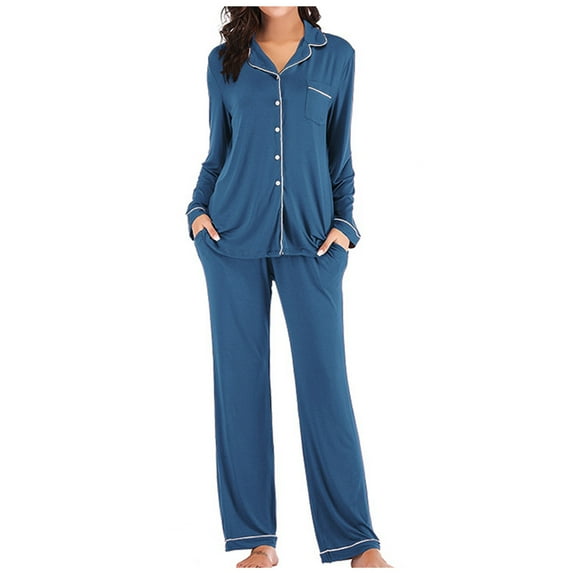 Womens Pajamas Set Long Sleeve Sleepwear Button Down Nightwear Soft Long Pants Pajamas Lounge Sets 2 Piece Pjs