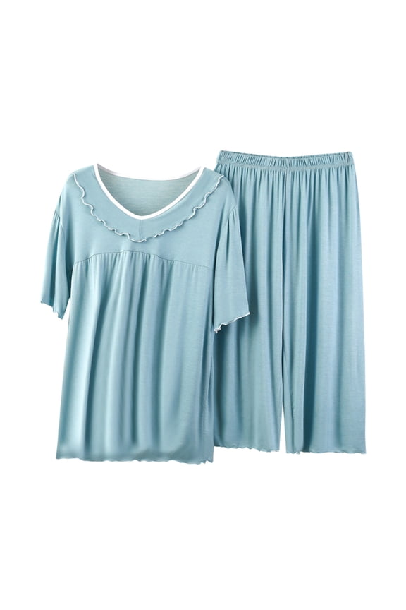 Women's Pajamas Set Soft V Neck Sleepwear Short Sleeve Top and Capri Pj Lounge Sets Summer Casual Loose Loungewear Sets