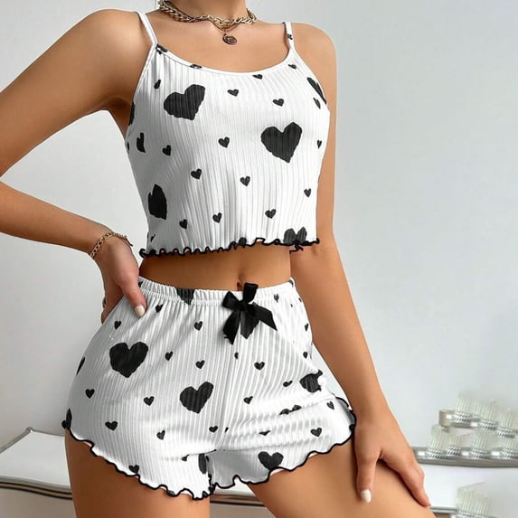 Women's Pajamas Set Tank Top and Short Love Print Knit Shorts Underwear Set Loungewear Sleepwear