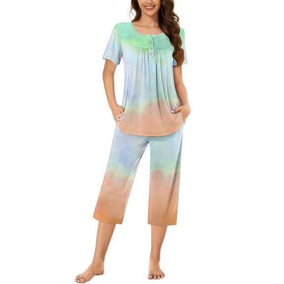 Women's Pajamas Set Trendy Tie Dye Print Round Neck Short Sleeve Sleepshirt And Pants Sets Comfy Lounge Loungewear Pajamas With Pockets Orange M