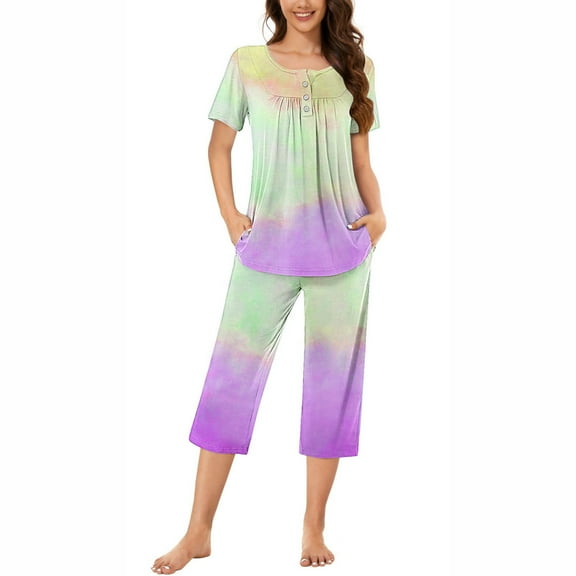 Women's Pajamas Set Trendy Tie Dye Print Round Neck Short Sleeve Sleepshirt And Pants Sets Comfy Lounge Loungewear Pajamas With Pockets Purple XL