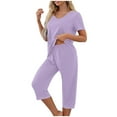 thumbnail image 1 of Women's Pajamas Set V Neck Short Sleeve Top and Capri Pants Lightweight Sleepwear Comfy Pjs Lounge Set Solid Casual Loungewear Wife'sPajamas Outfits Matching Sets 2026, 1 of 7