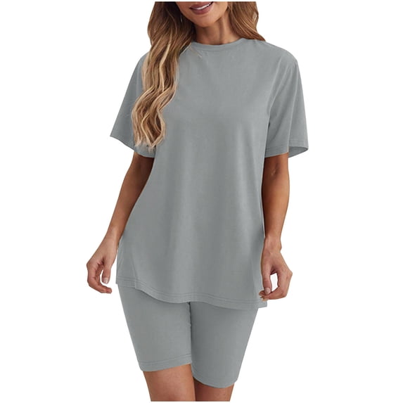 Women's Pajamas Sets 2 Piece Outfits Short Sleeve Shirts and Biker Shorts Loungewear Solid Clothes 2025