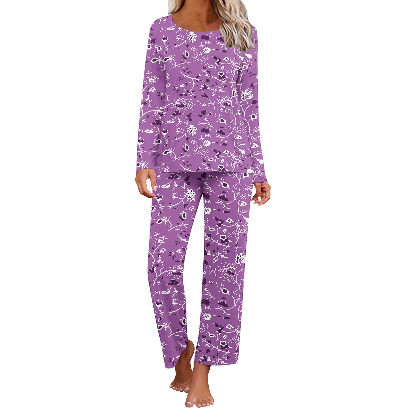 Set Pajamas Women\'s Bottom Set Neck in Loung Soft Sets Joggers Pants Pjs (Available and with with Long Sleepwear Shirt Sleeve Women\'s Full-Length Pockets Piece O Plus 2 Pajama Long-Sleeve Size) Long