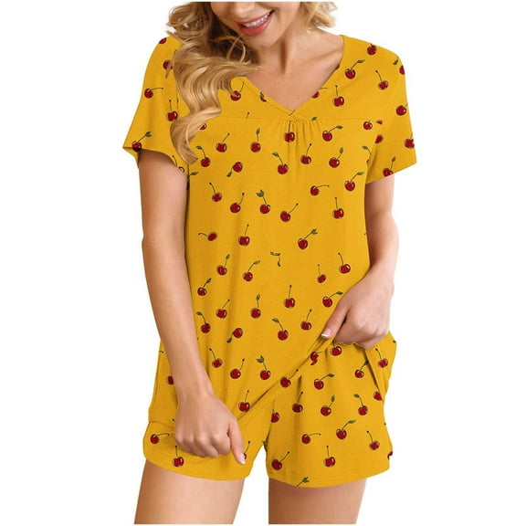 Women's Pajamas Sets Short Sleeve Lounge Sets Sleepwear Cherry T-Shirts Shorts Casual Two Piece Pjs Set, M