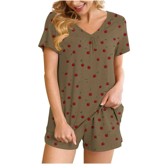 Women's Pajamas Sets Short Sleeve Lounge Sets Sleepwear Cherry T-Shirts Shorts Casual Two Piece Pjs Set, M