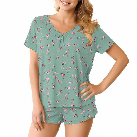 Women's Pajamas Sets Short Sleeve Lounge Sets Sleepwear Floral T-Shirts Shorts Casual Two Piece Pjs Set, XL
