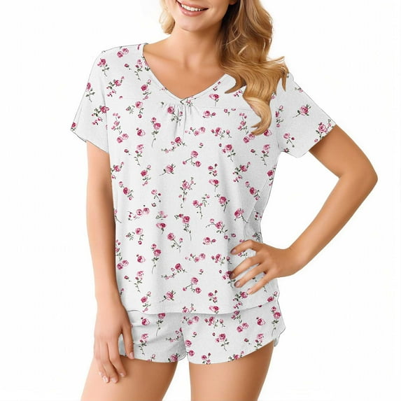 Women's Pajamas Sets Short Sleeve Lounge Sets Sleepwear Floral T-Shirts Shorts Casual Two Piece Pjs Set, XL