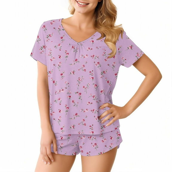 Women's Pajamas Sets Short Sleeve Lounge Sets Sleepwear Floral T-Shirts Shorts Casual Two Piece Pjs Set, XL