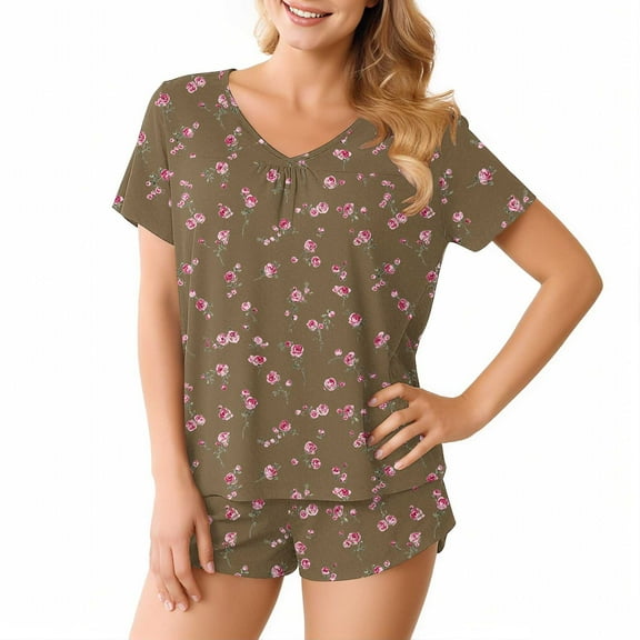 Women's Pajamas Sets Short Sleeve Lounge Sets Sleepwear Floral T-Shirts Shorts Casual Two Piece Pjs Set, XL