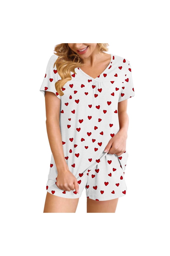 Women's Pajamas Sets Short Sleeve Lounge Sets Sleepwear Heart T-Shirts Shorts Casual Two Piece Pjs Set, L