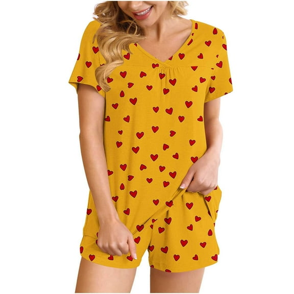 Women's Pajamas Sets Short Sleeve Lounge Sets Sleepwear Heart T-Shirts Shorts Casual Two Piece Pjs Set, L