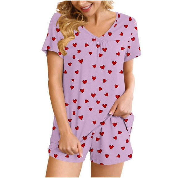 Women's Pajamas Sets Short Sleeve Lounge Sets Sleepwear Heart T-Shirts Shorts Casual Two Piece Pjs Set, XL