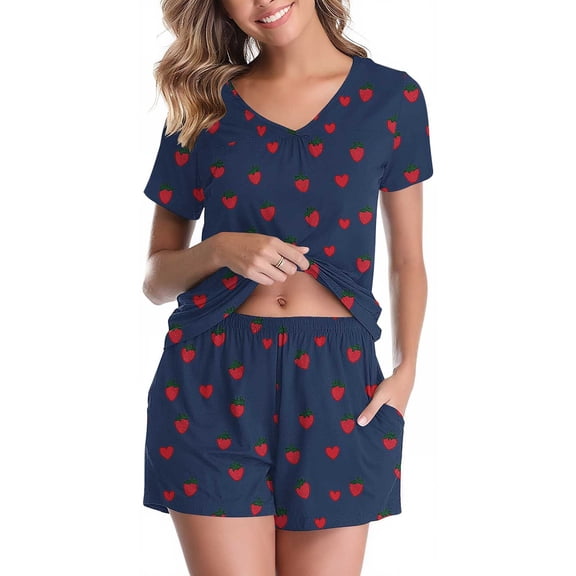Women's Pajamas Sets Short Sleeve Lounge Sets Sleepwear Strawberry T-Shirts Shorts Casual Two Piece Pjs Set, XL