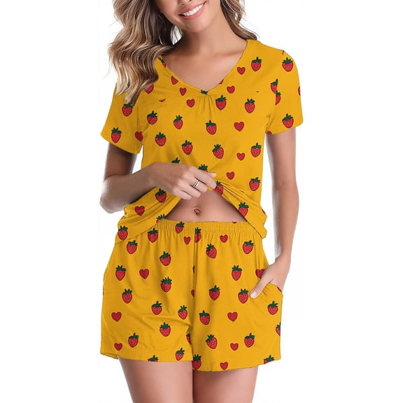Women's Pajamas Sets Short Sleeve Lounge Sets Sleepwear Strawberry T-Shirts Shorts Casual Two Piece Pjs Set, XXL