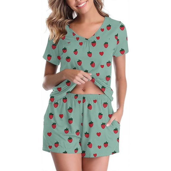 Women's Pajamas Sets Short Sleeve Lounge Sets Sleepwear Strawberry T-Shirts Shorts Casual Two Piece Pjs Set, XXL