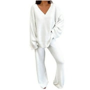 BESOLOR Women's Pajamas Sets Warm Winter Plush Cozy V Neck Long Sleeve Tops and Pants 2 Piece Outfits Fuzzy Sleepwear