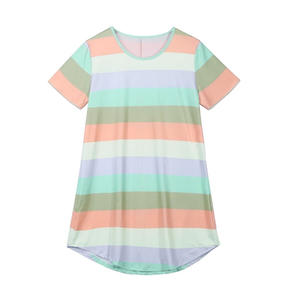 Women's Pajamas Short Sleeve Rainbow Striped Loose T-shirt Dress Plus Size Blouses