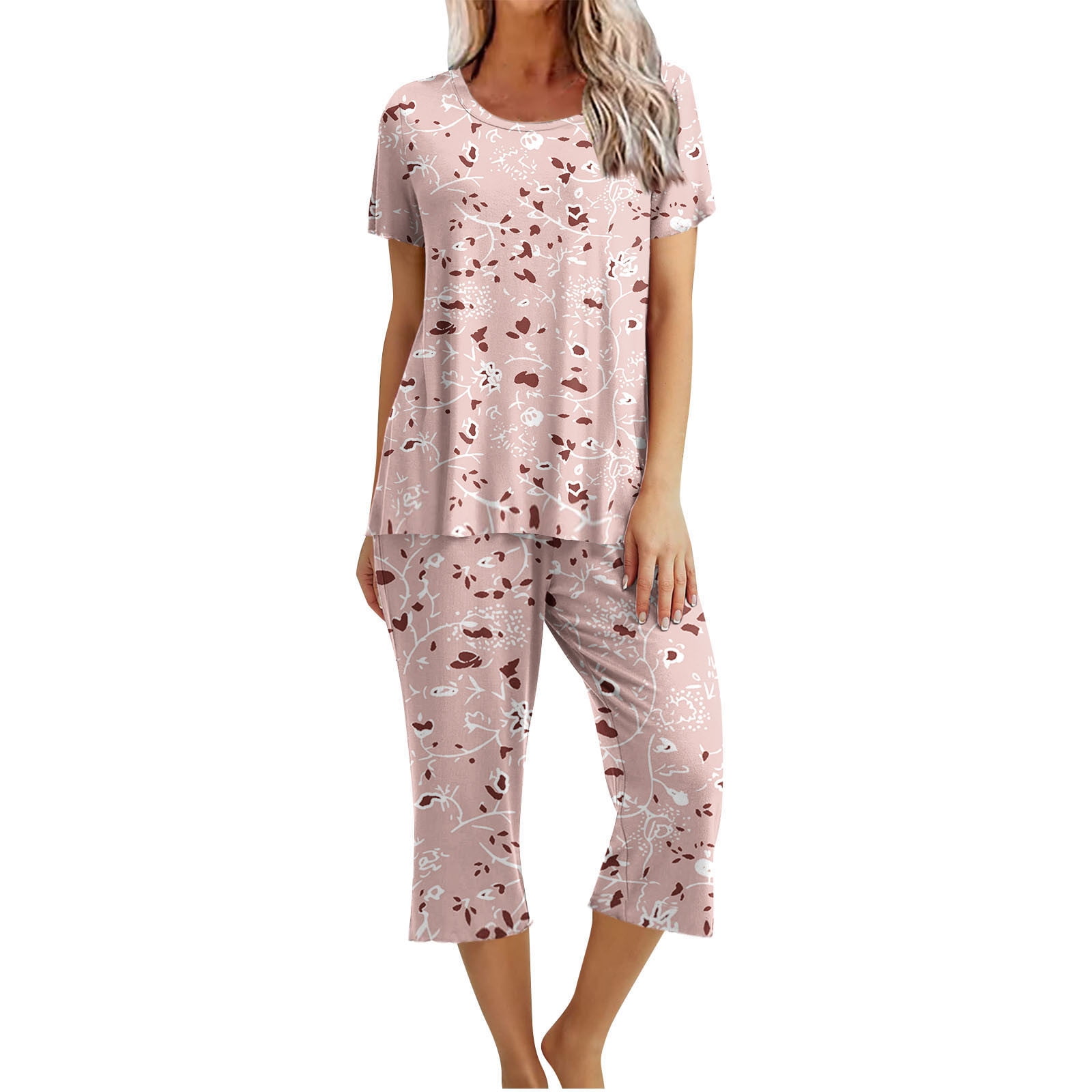 Women's Pajamas Short Sleeve Sleepwear Tops and Capri Pants Cute Print ...