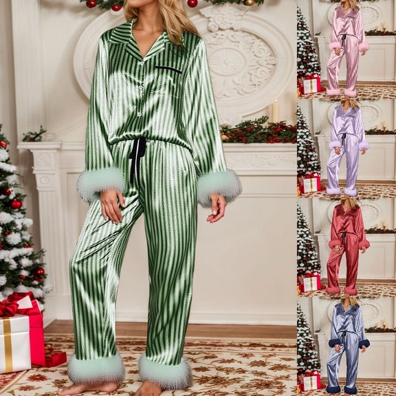 Women's Pajamas Silk Satin Stripe Print Long Sleeve Top And Pant Furry Hem 2 Piece Home Wear