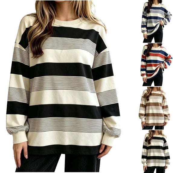 Women's Pajamas Soft Knit Striped Long Sleeve Crew Neck Pullover Top