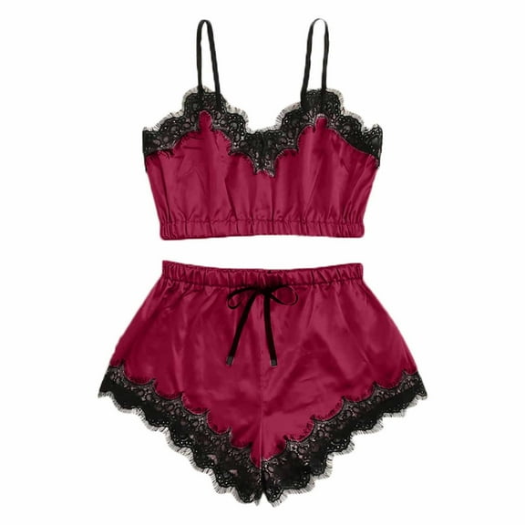 Women's Pajamas Women Lace Nightwear Mini Pajamas Nightgowns Cute Spaghetti Strap Sleepwear Sleeveless Chemise Shorts Nightwear Set Nightgown and Robe Sets for Women Wine M