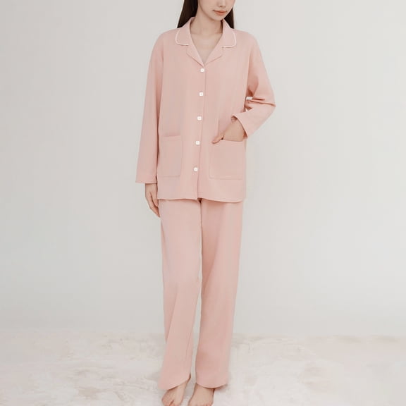 Women's Pajamas Women's Turndown Collar Pajama Set Suit Home Cotton Pocket Clothing Long Sleeve Top Pants Pajama Nightgown Pj Sets for Woman Comfy Pajamas for Women Set