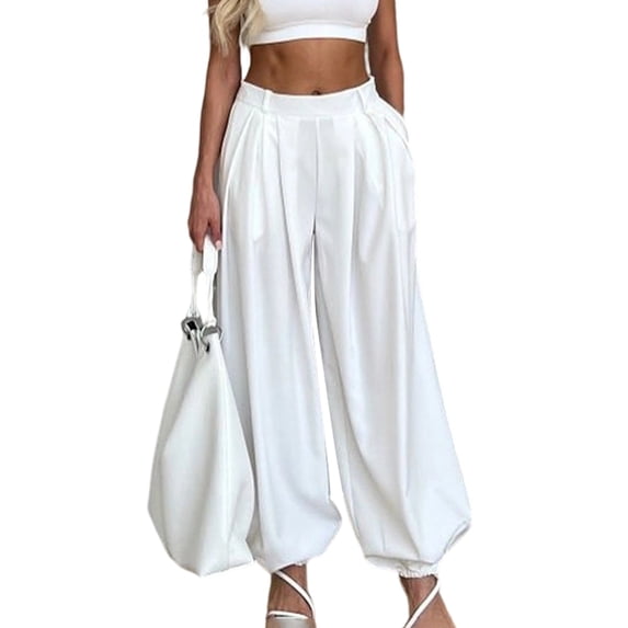Women's Palazzo Long Pants High Waist Wide Leg Stretchy Loose Fit Casual Trousers with Pocke White S